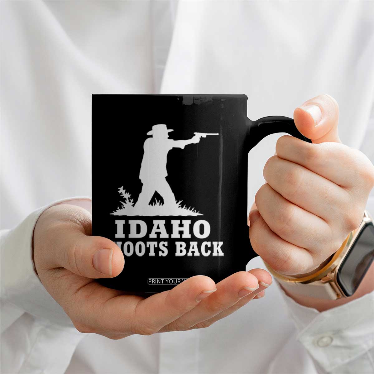 Idaho Shoots Back Cowboy Gunslinger Silhouette Patriotic Graphic Coffee Mug