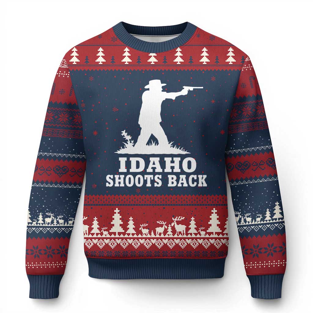 Idaho Shoots Back Cowboy Gunslinger Silhouette Patriotic Graphic Ugly Christmas Sweater TS02 Navy Red Print Your Wear