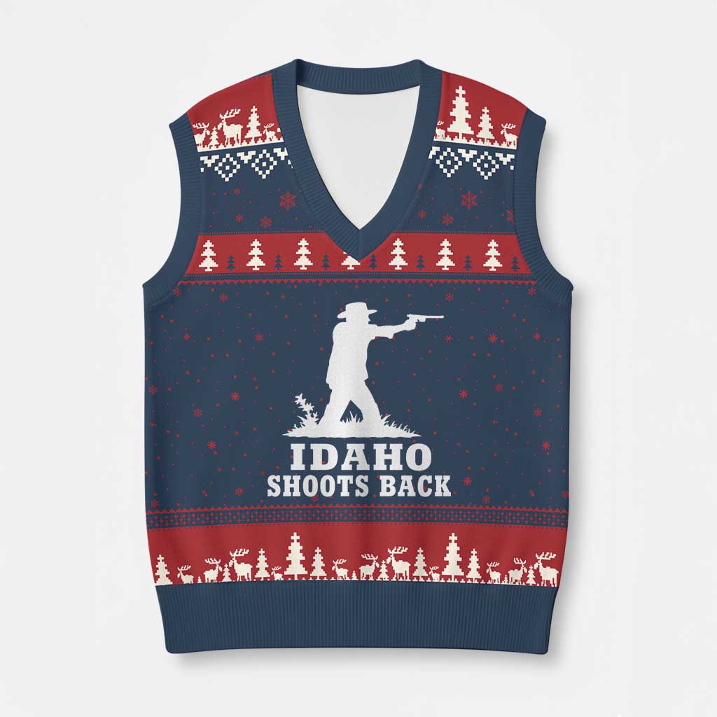Idaho Shoots Back Cowboy Gunslinger Silhouette Patriotic Graphic V-Neck Knit Sweater Vest TS02 Navy Red Print Your Wear
