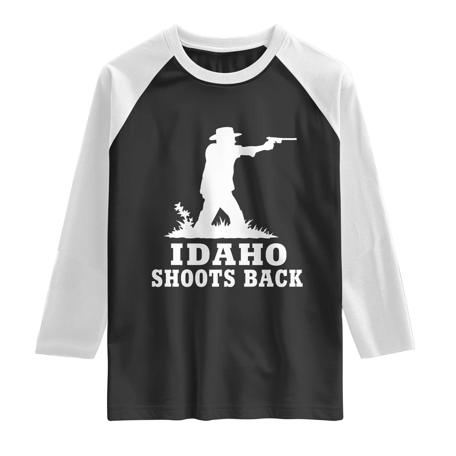 Idaho Shoots Back Cowboy Gunslinger Silhouette Patriotic Graphic Raglan Shirt TS02 Black White Print Your Wear