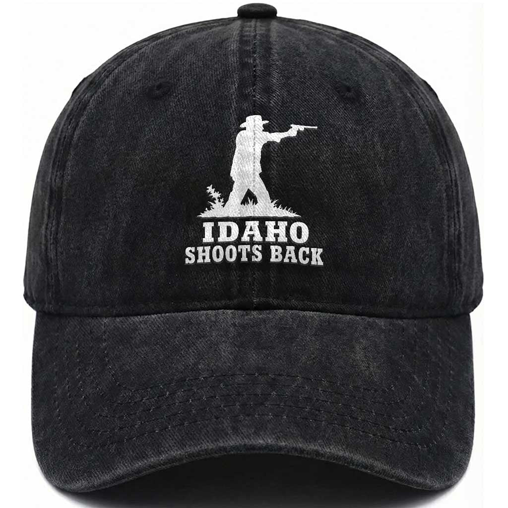 Idaho Shoots Back Cowboy Gunslinger Silhouette Patriotic Graphic Washed Cotton Baseball Cap TS02 Print Your Wear