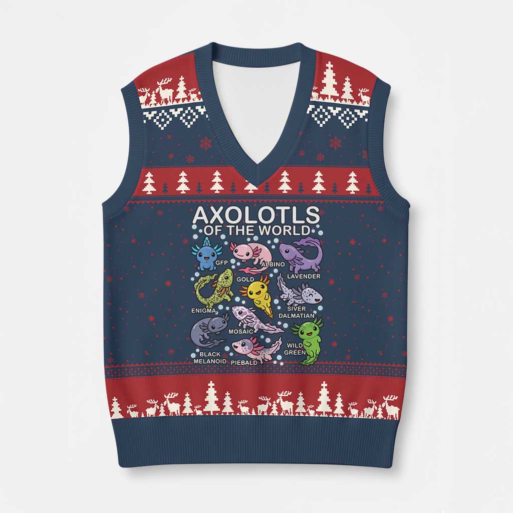 Kawaii Axolotl V-Neck Knit Sweater Vest Axolotls of the World Animals Aquarium Species TS02 Navy Red Print Your Wear