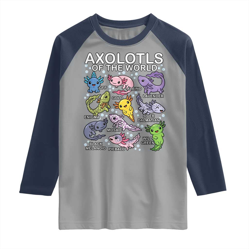 Kawaii Axolotl Raglan Shirt Axolotls of the World Animals Aquarium Species TS02 Sport Gray Navy Print Your Wear