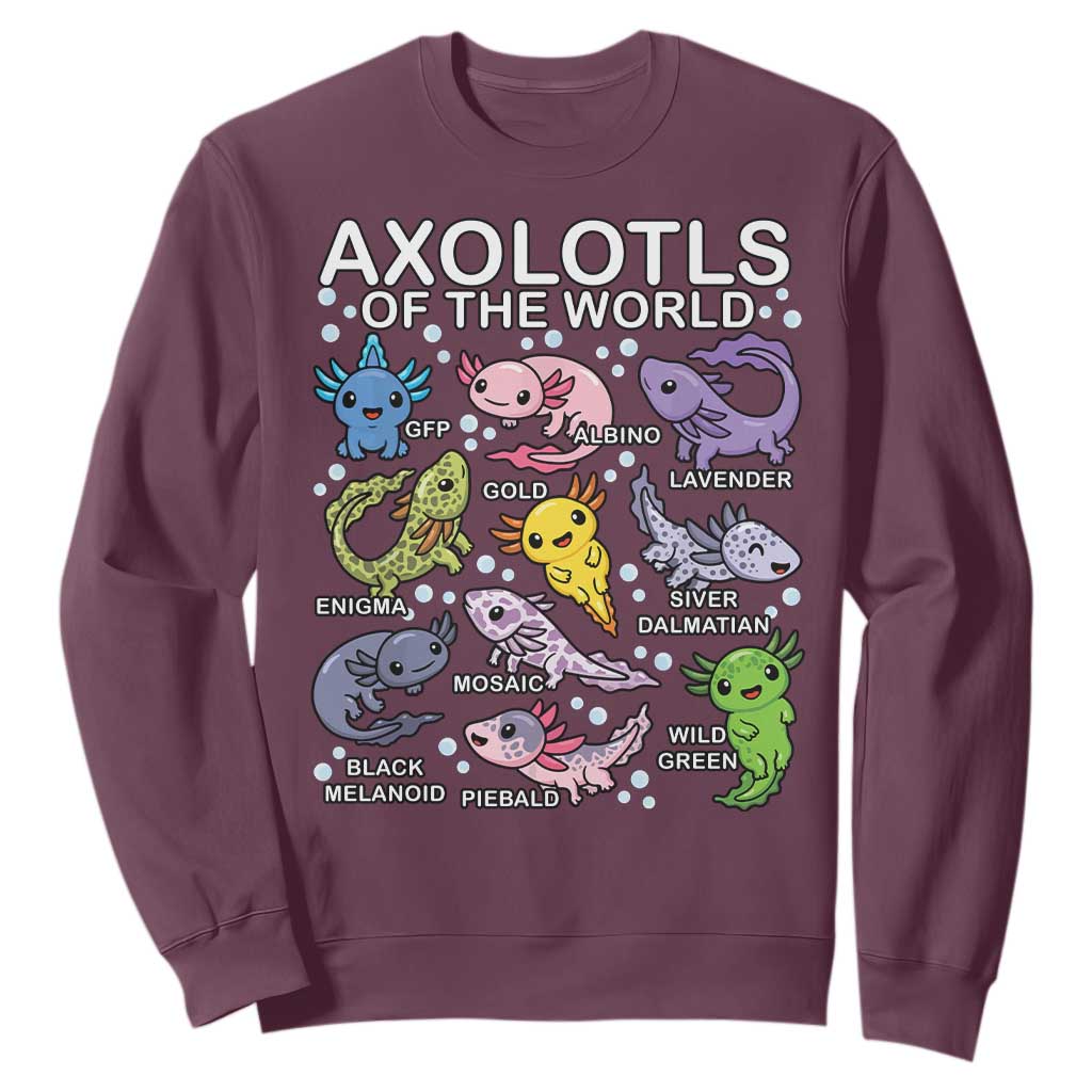 Kawaii Axolotl Sweatshirt Axolotls of the World Animals Aquarium Species TS02 Maroon Print Your Wear