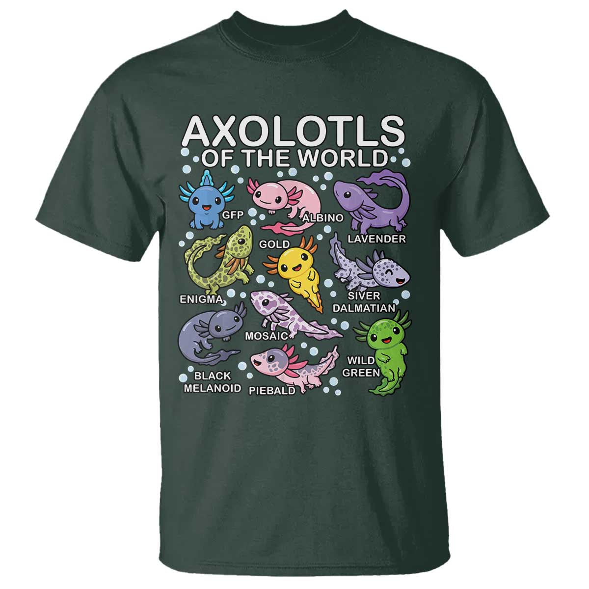 Kawaii Axolotl T Shirt Axolotls of the World Animals Aquarium Species TS02 Dark Forest Green Print Your Wear