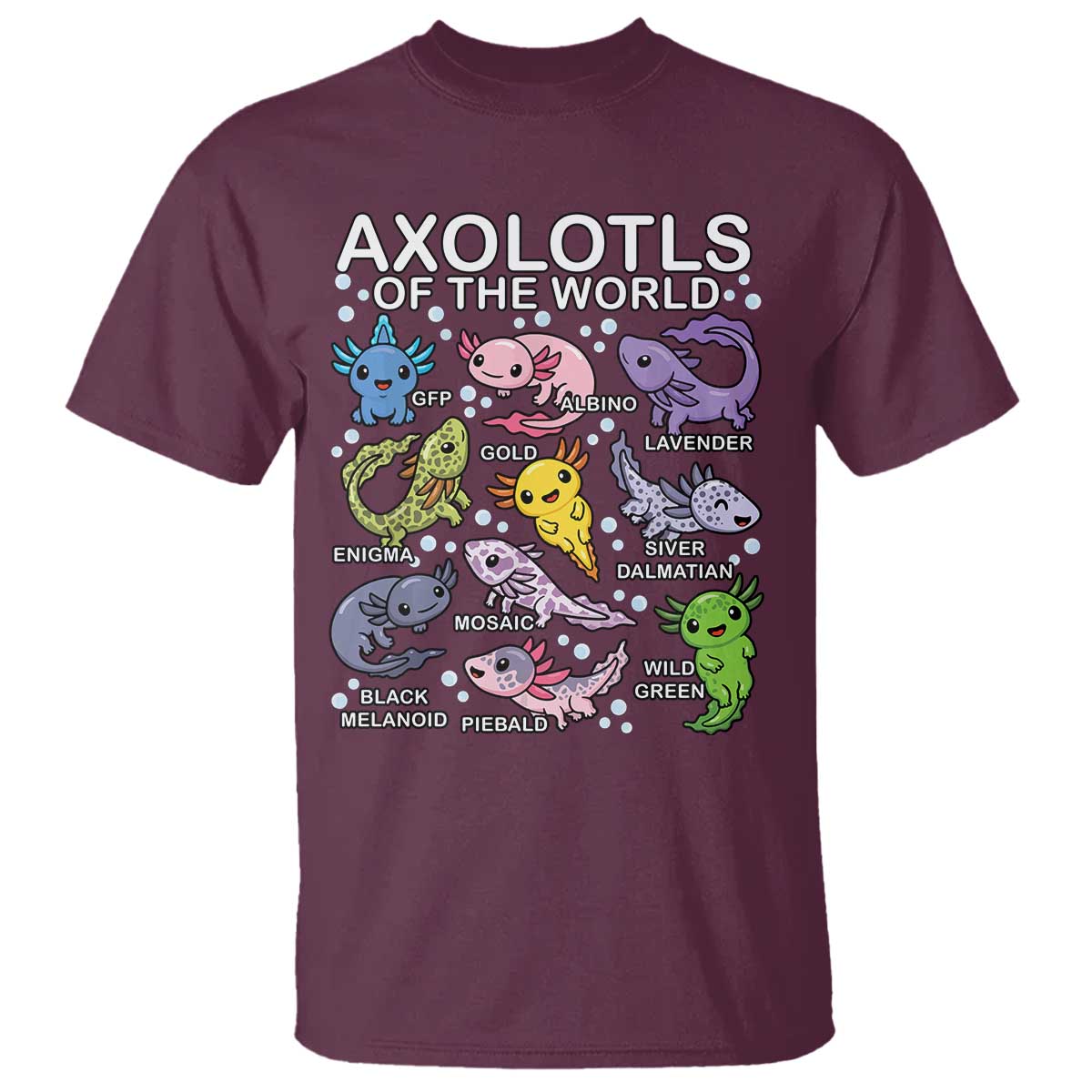 Kawaii Axolotl T Shirt Axolotls of the World Animals Aquarium Species TS02 Maroon Print Your Wear
