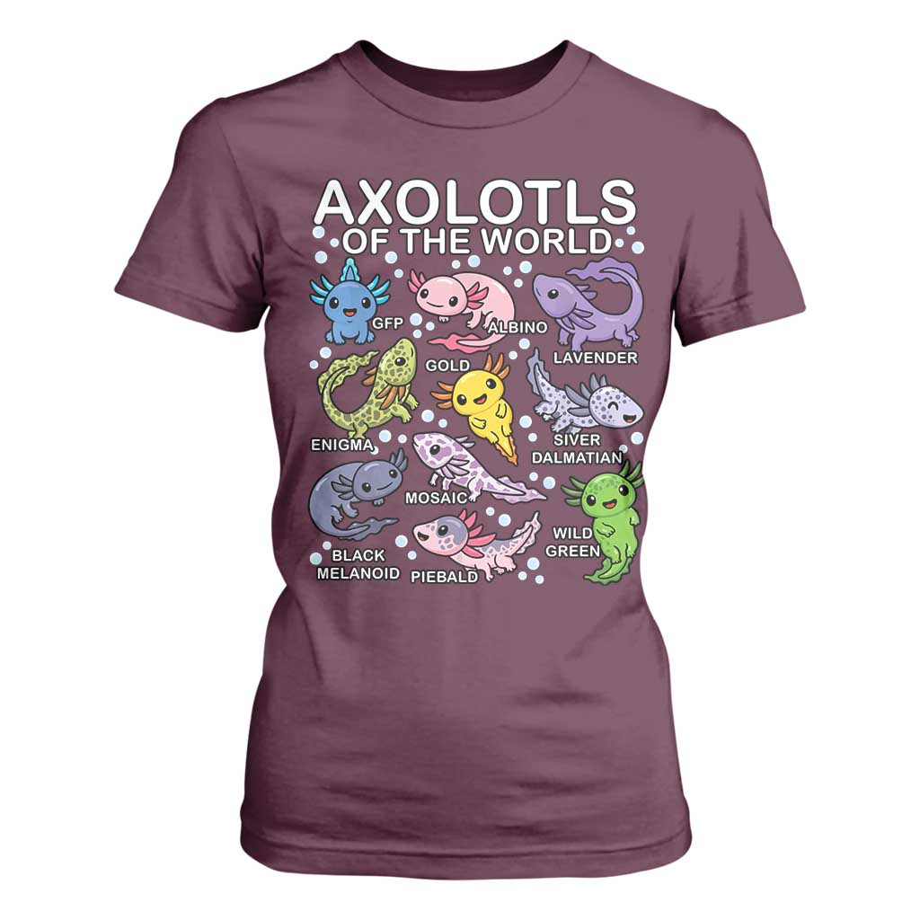 Kawaii Axolotl T Shirt For Women Axolotls of the World Animals Aquarium Species TS02 Maroon Print Your Wear