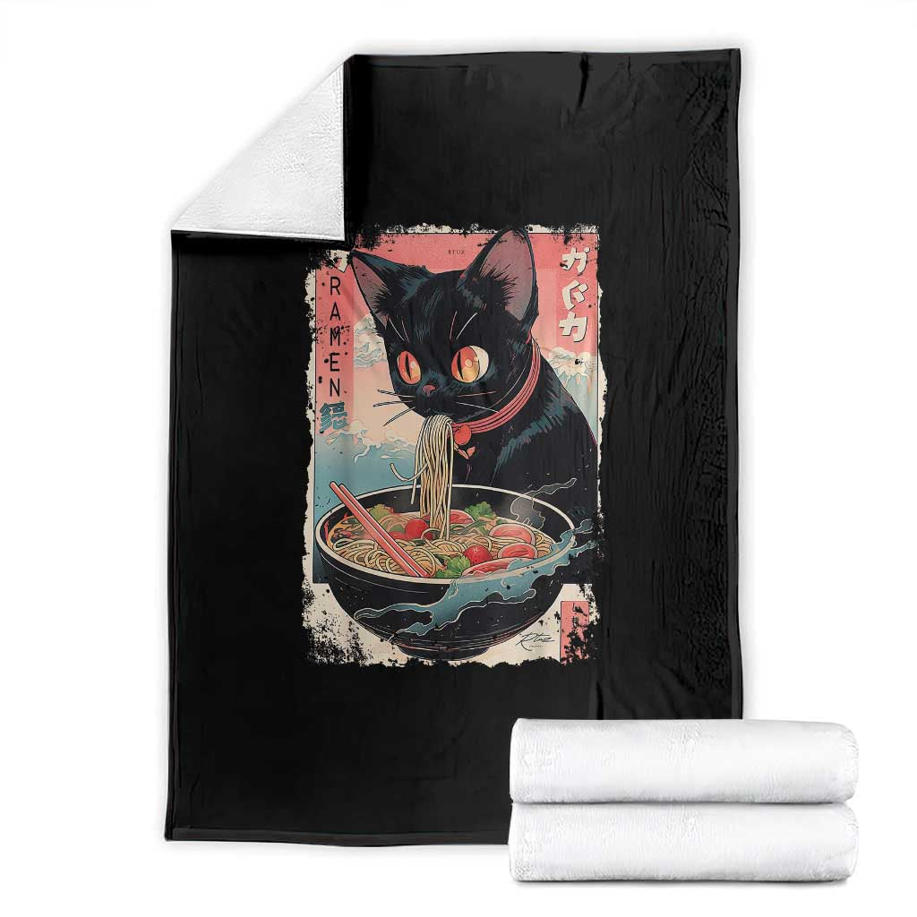 Japanese Inspo Ramen Cat Graphic Throw Blanket Anime Manga Kawaii Otaku Urban Streetwear TS02 Black Print Your Wear