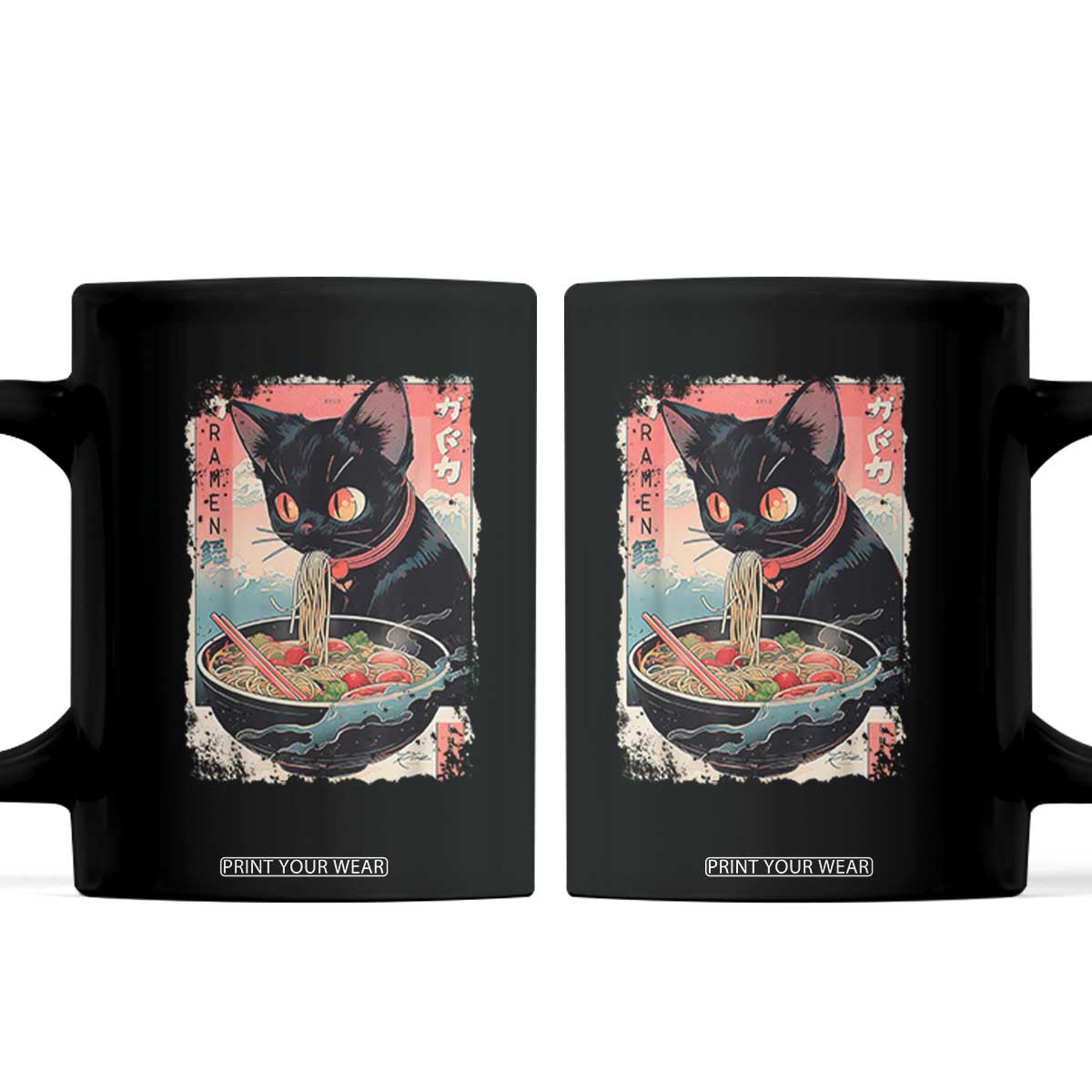 Japanese Inspo Ramen Cat Graphic Coffee Mug Anime Manga Kawaii Otaku Urban Streetwear TS02 Black Print Your Wear