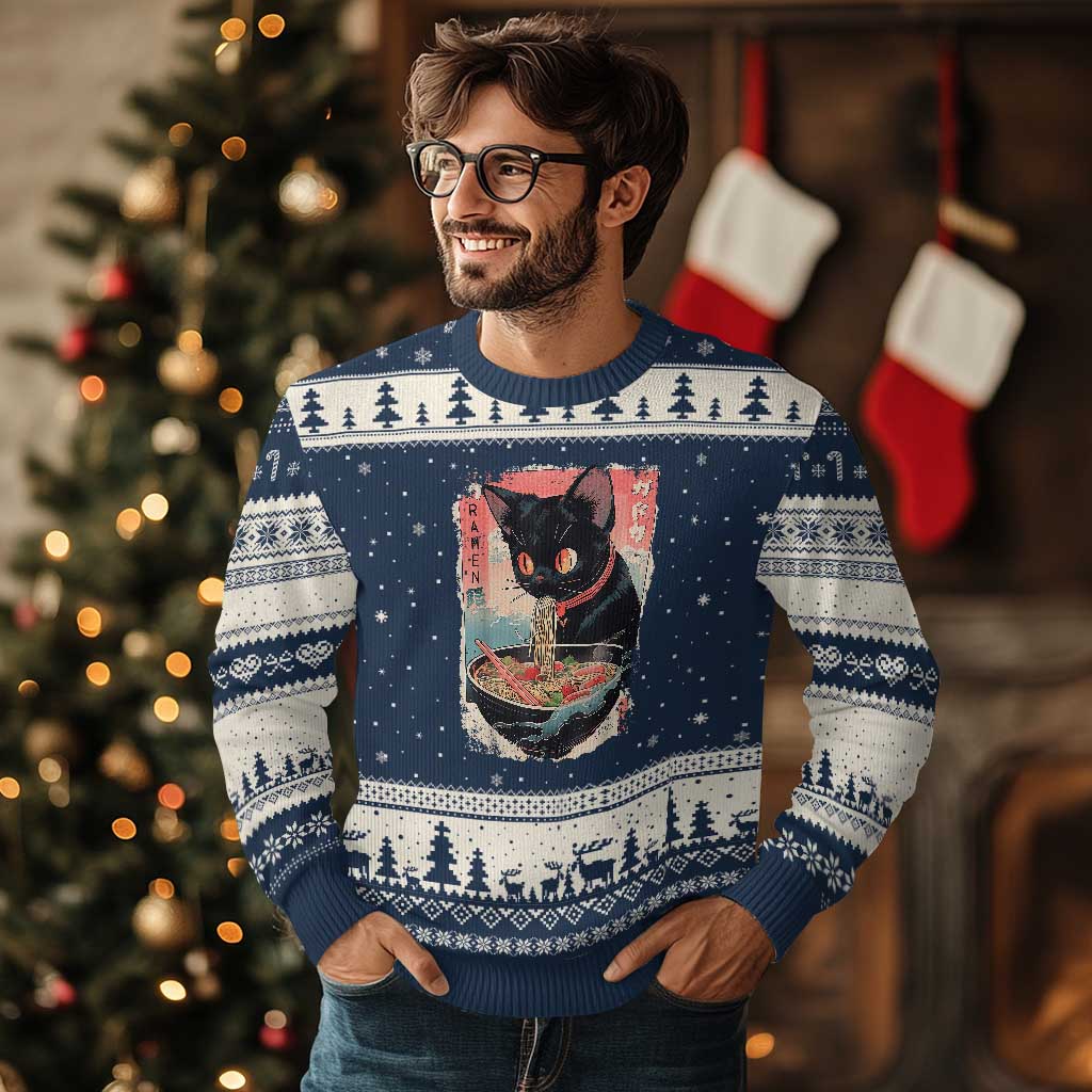 Japanese Inspo Ramen Cat Graphic Ugly Christmas Sweater Anime Manga Kawaii Otaku Urban Streetwear TS02 Navy Beige Print Your Wear