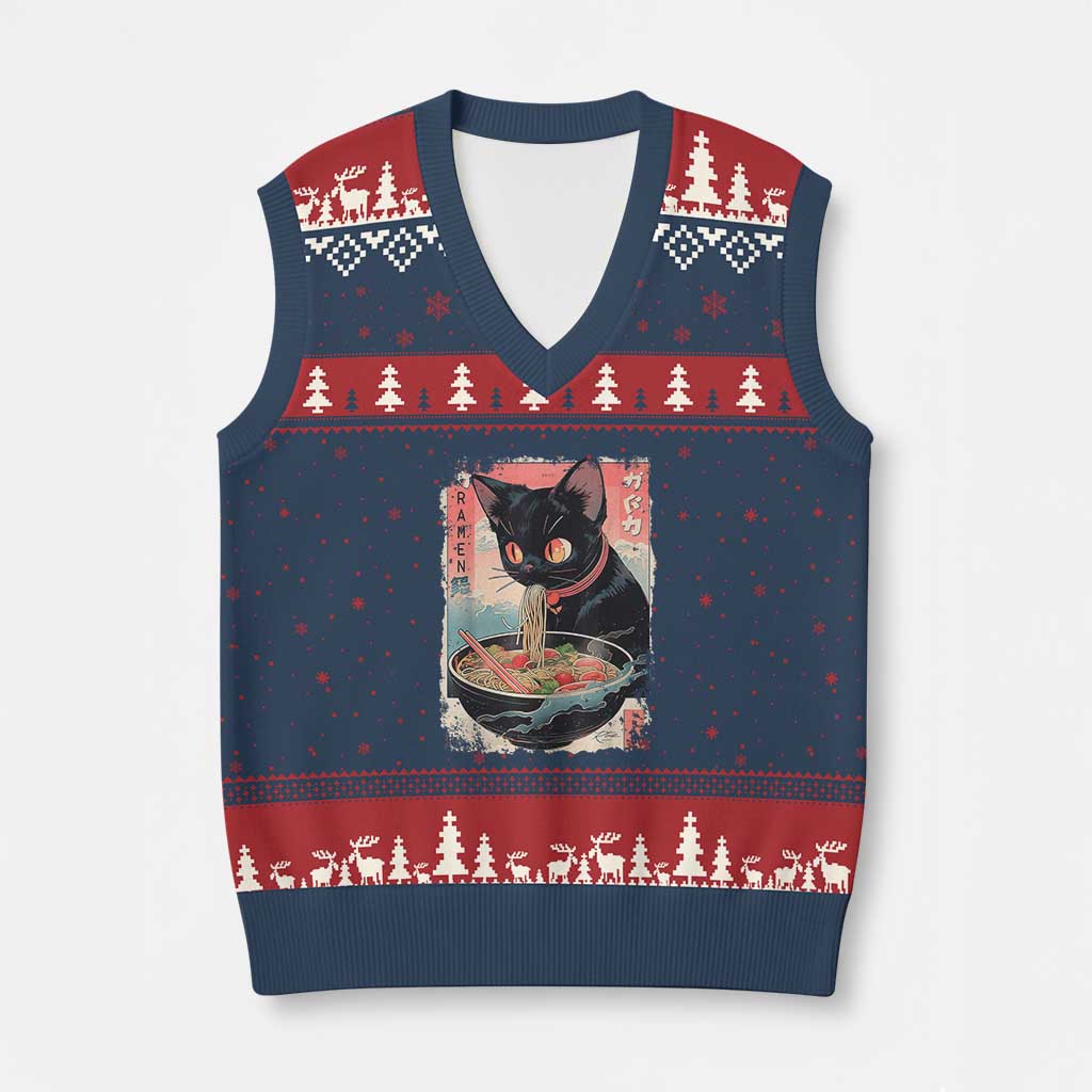 Japanese Inspo Ramen Cat Graphic V-Neck Knit Sweater Vest Anime Manga Kawaii Otaku Urban Streetwear TS02 Navy Red Print Your Wear