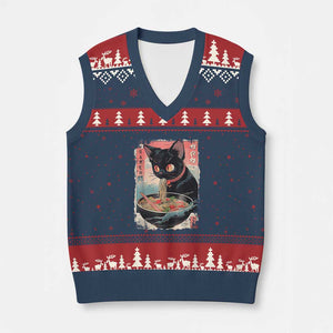 Japanese Inspo Ramen Cat Graphic V-Neck Knit Sweater Vest Anime Manga Kawaii Otaku Urban Streetwear TS02 Navy Red Print Your Wear