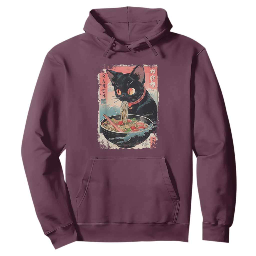 Japanese Inspo Ramen Cat Graphic Hoodie Anime Manga Kawaii Otaku Urban Streetwear TS02 Maroon Print Your Wear