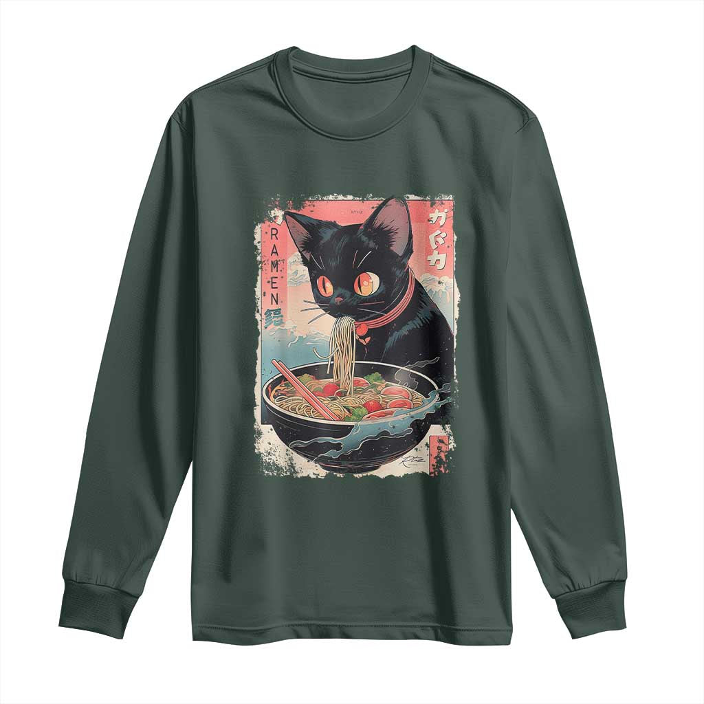 Japanese Inspo Ramen Cat Graphic Long Sleeve Shirt Anime Manga Kawaii Otaku Urban Streetwear TS02 Dark Forest Green Print Your Wear