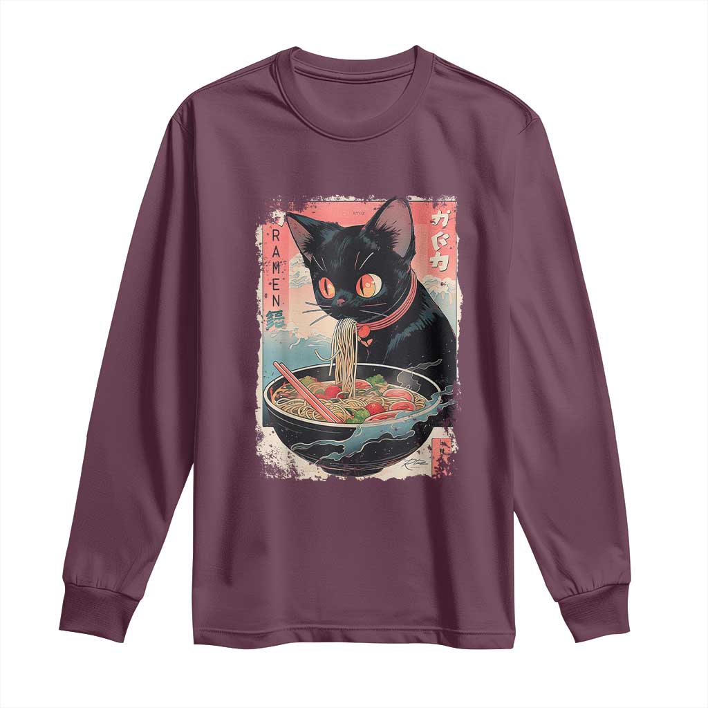 Japanese Inspo Ramen Cat Graphic Long Sleeve Shirt Anime Manga Kawaii Otaku Urban Streetwear TS02 Maroon Print Your Wear
