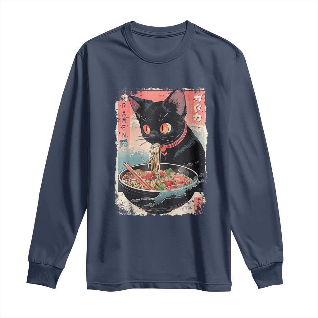 Japanese Inspo Ramen Cat Graphic Long Sleeve Shirt Anime Manga Kawaii Otaku Urban Streetwear TS02 Navy Print Your Wear