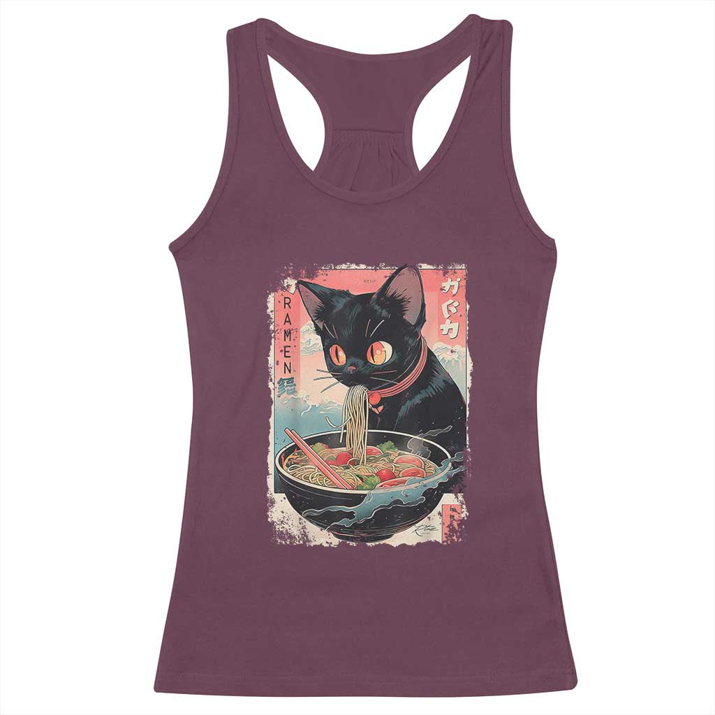 Japanese Inspo Ramen Cat Graphic Racerback Tank Top Anime Manga Kawaii Otaku Urban Streetwear TS02 Maroon Print Your Wear