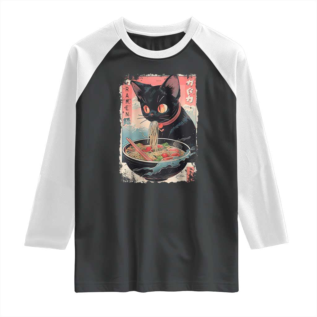 Japanese Inspo Ramen Cat Graphic Raglan Shirt Anime Manga Kawaii Otaku Urban Streetwear TS02 Black White Print Your Wear