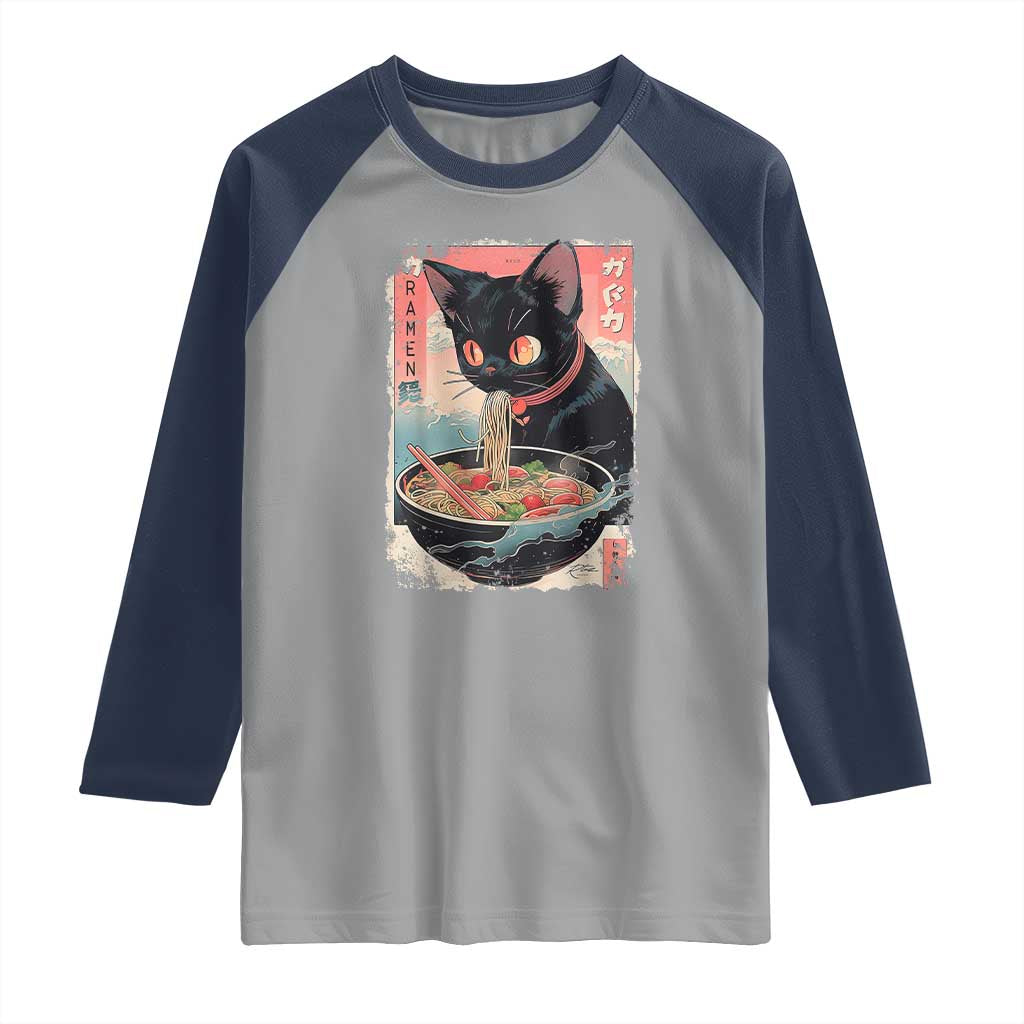 Japanese Inspo Ramen Cat Graphic Raglan Shirt Anime Manga Kawaii Otaku Urban Streetwear TS02 Sport Gray Navy Print Your Wear