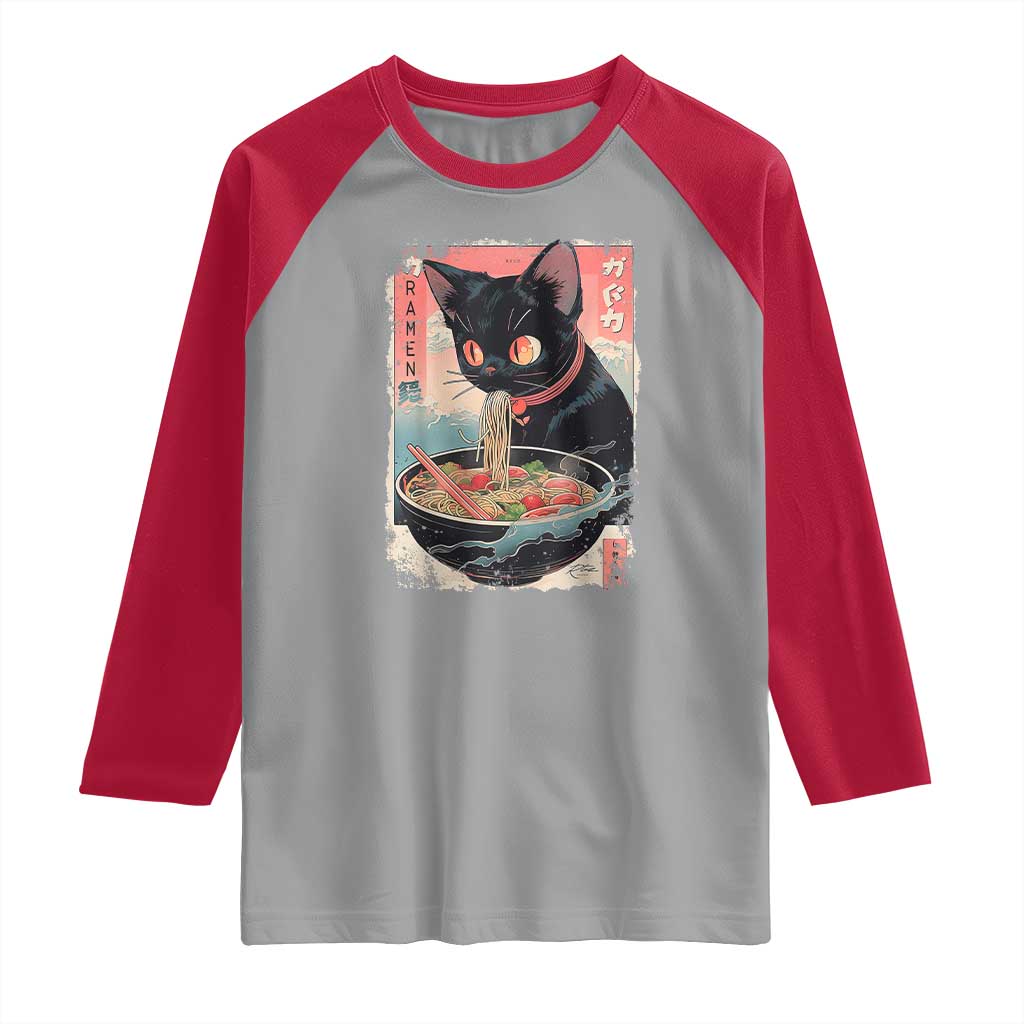 Japanese Inspo Ramen Cat Graphic Raglan Shirt Anime Manga Kawaii Otaku Urban Streetwear TS02 Sport Gray Red Print Your Wear