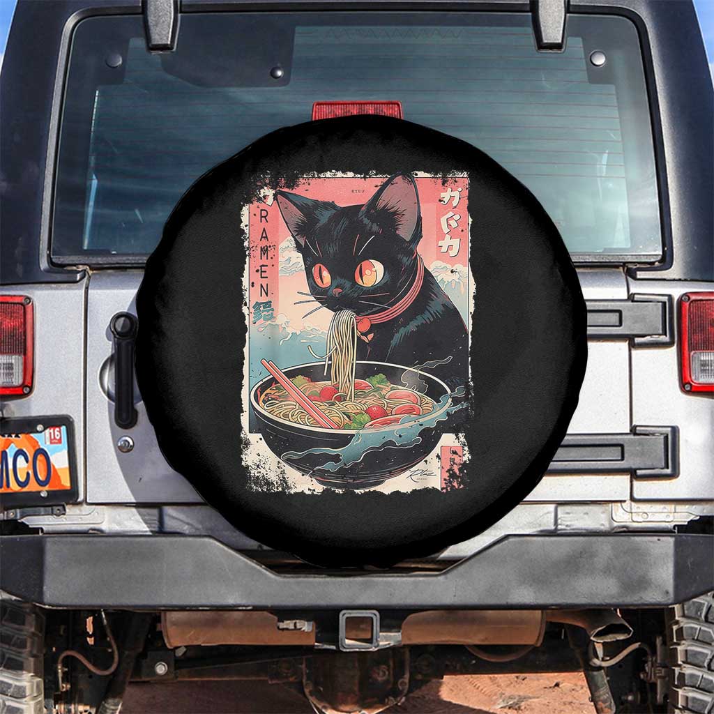 Japanese Inspo Ramen Cat Graphic Spare Tire Cover Anime Manga Kawaii Otaku Urban Streetwear TS02 No hole Black Print Your Wear