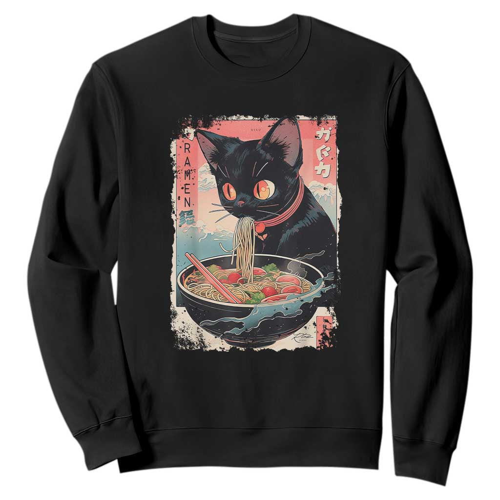 Japanese Inspo Ramen Cat Graphic Sweatshirt Anime Manga Kawaii Otaku Urban Streetwear TS02 Black Print Your Wear