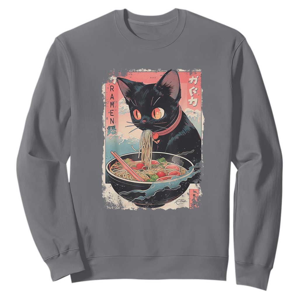 Japanese Inspo Ramen Cat Graphic Sweatshirt Anime Manga Kawaii Otaku Urban Streetwear TS02 Charcoal Print Your Wear
