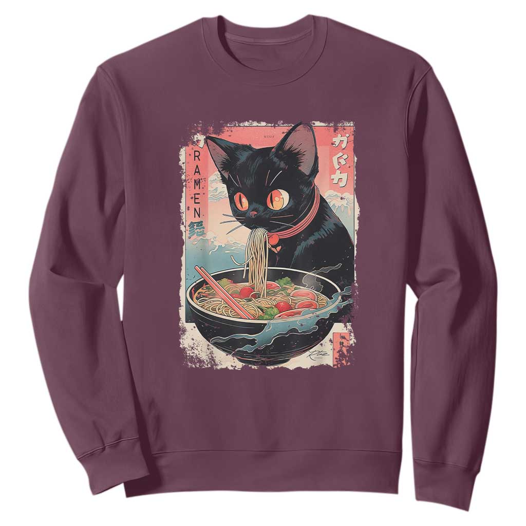 Japanese Inspo Ramen Cat Graphic Sweatshirt Anime Manga Kawaii Otaku Urban Streetwear TS02 Maroon Print Your Wear