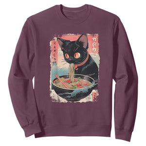 Japanese Inspo Ramen Cat Graphic Sweatshirt Anime Manga Kawaii Otaku Urban Streetwear TS02 Maroon Print Your Wear