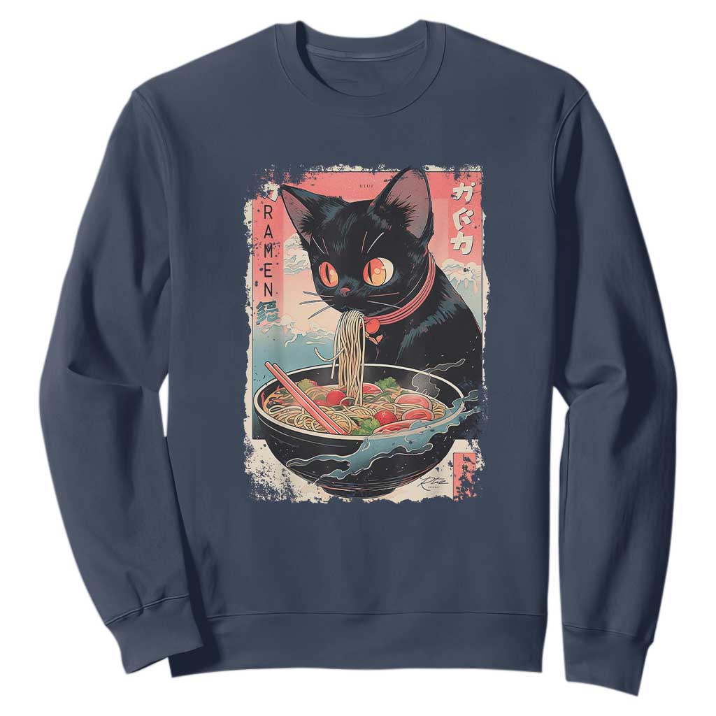 Japanese Inspo Ramen Cat Graphic Sweatshirt Anime Manga Kawaii Otaku Urban Streetwear TS02 Navy Print Your Wear