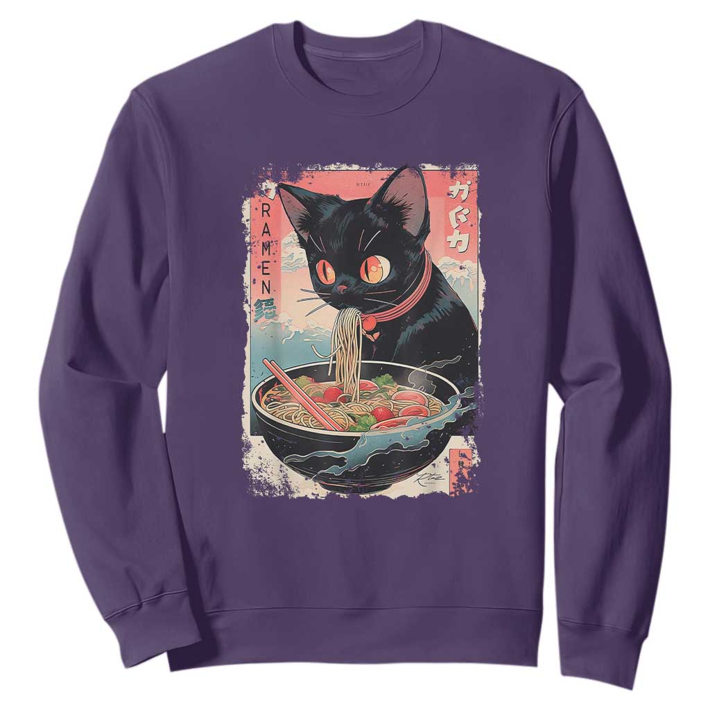 Japanese Inspo Ramen Cat Graphic Sweatshirt Anime Manga Kawaii Otaku Urban Streetwear TS02 Purple Print Your Wear