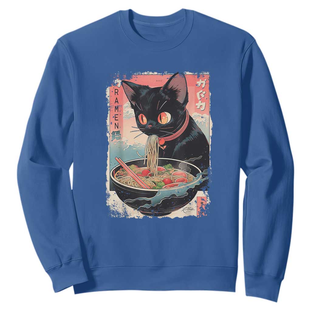 Japanese Inspo Ramen Cat Graphic Sweatshirt Anime Manga Kawaii Otaku Urban Streetwear TS02 Royal Blue Print Your Wear