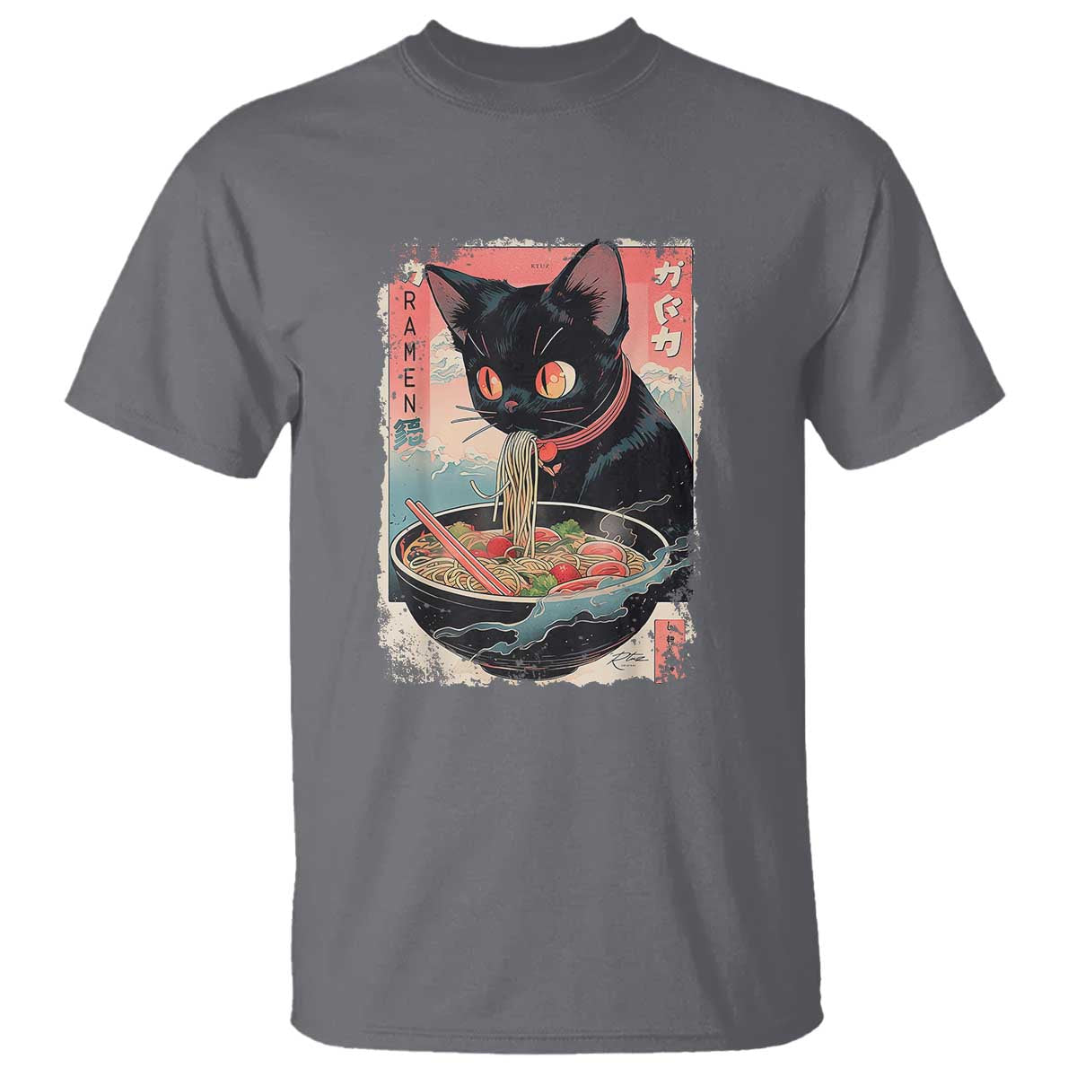 Japanese Inspo Ramen Cat Graphic T Shirt Anime Manga Kawaii Otaku Urban Streetwear TS02 Charcoal Print Your Wear
