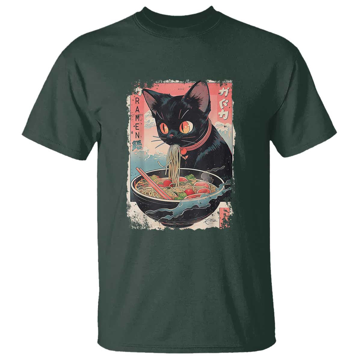 Japanese Inspo Ramen Cat Graphic T Shirt Anime Manga Kawaii Otaku Urban Streetwear TS02 Dark Forest Green Print Your Wear