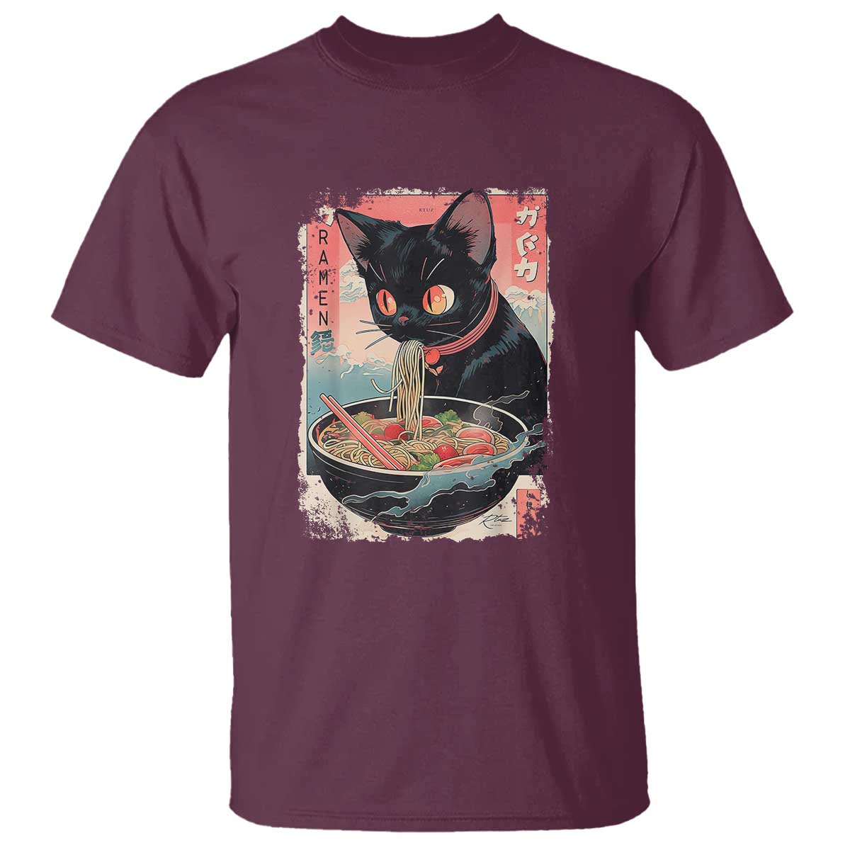 Japanese Inspo Ramen Cat Graphic T Shirt Anime Manga Kawaii Otaku Urban Streetwear TS02 Maroon Print Your Wear