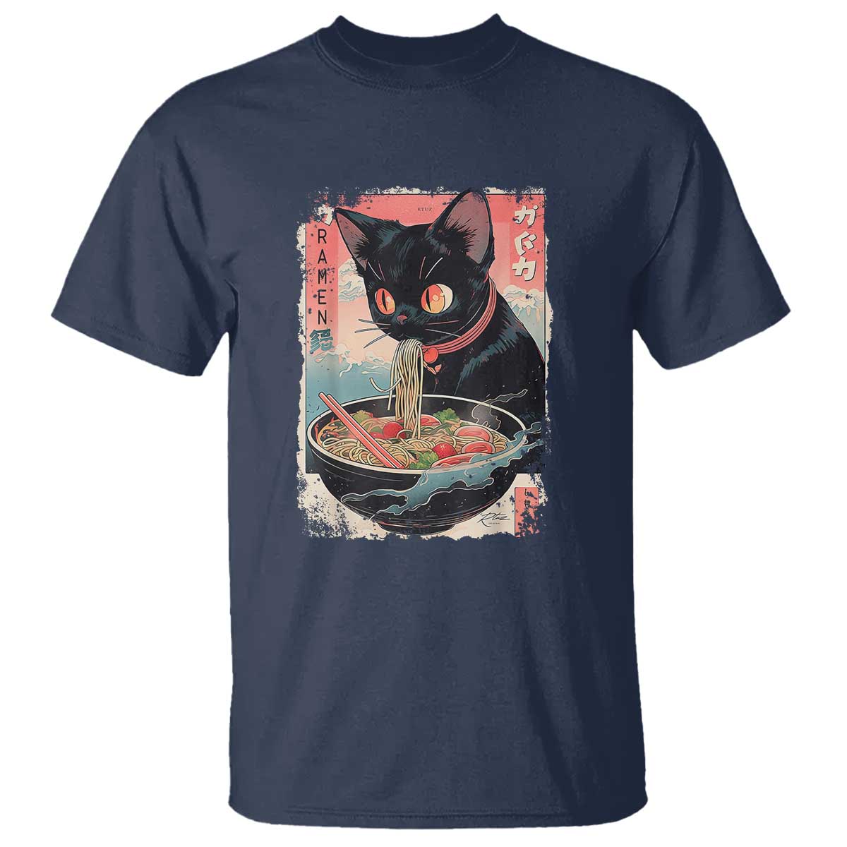 Japanese Inspo Ramen Cat Graphic T Shirt Anime Manga Kawaii Otaku Urban Streetwear TS02 Navy Print Your Wear