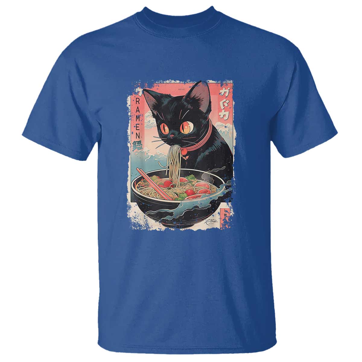Japanese Inspo Ramen Cat Graphic T Shirt Anime Manga Kawaii Otaku Urban Streetwear TS02 Royal Blue Print Your Wear