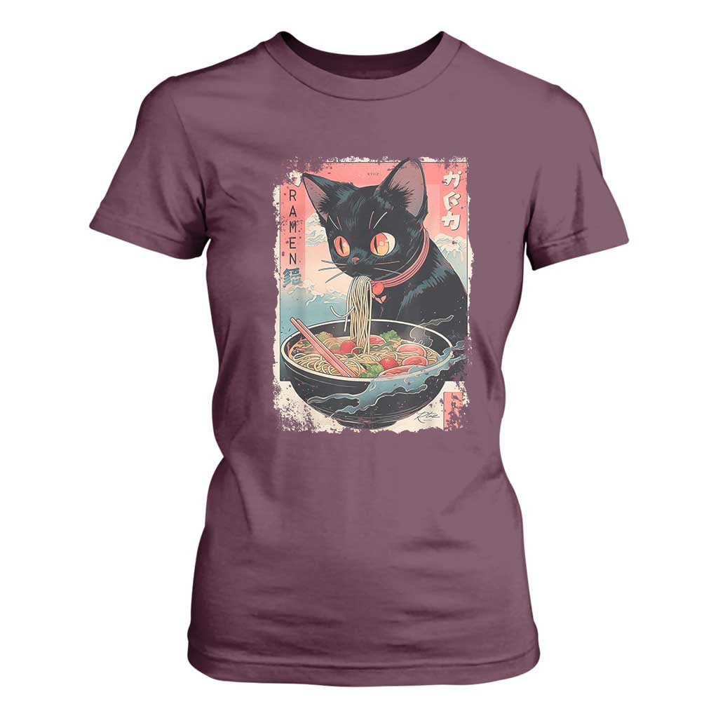 Japanese Inspo Ramen Cat Graphic T Shirt For Women Anime Manga Kawaii Otaku Urban Streetwear TS02 Maroon Print Your Wear