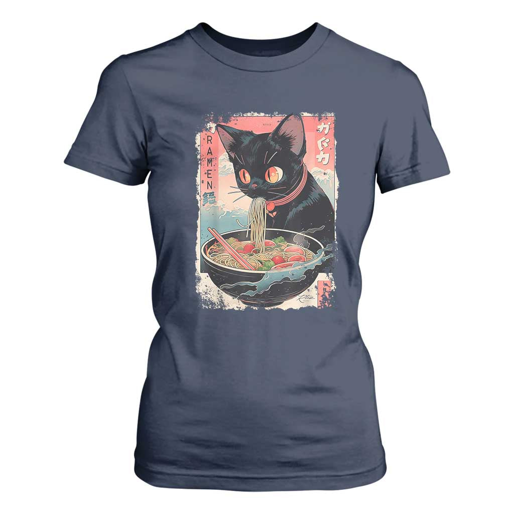 Japanese Inspo Ramen Cat Graphic T Shirt For Women Anime Manga Kawaii Otaku Urban Streetwear TS02 Navy Print Your Wear
