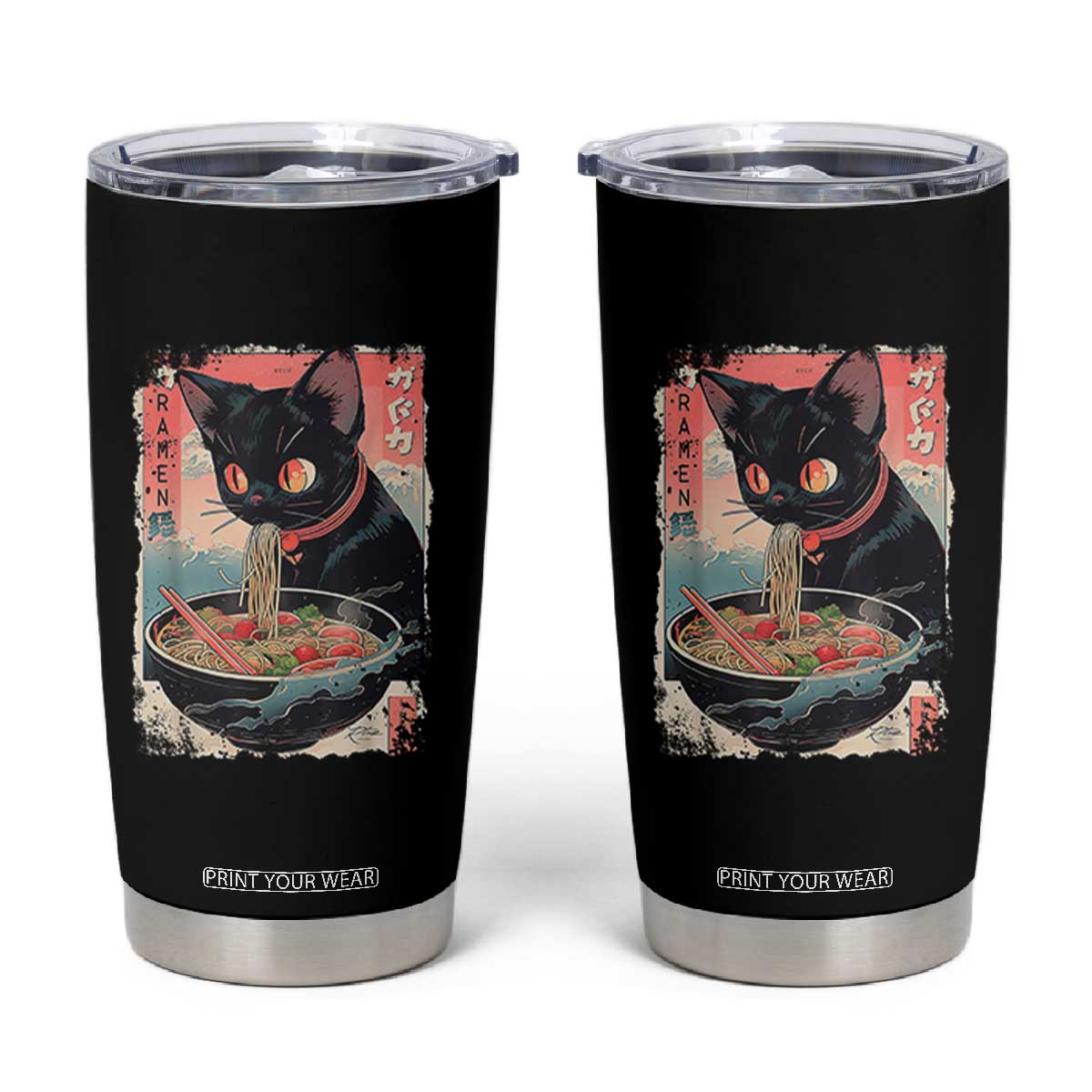 Japanese Inspo Ramen Cat Graphic Tumbler Cup Anime Manga Kawaii Otaku Urban Streetwear TS02 Black Print Your Wear