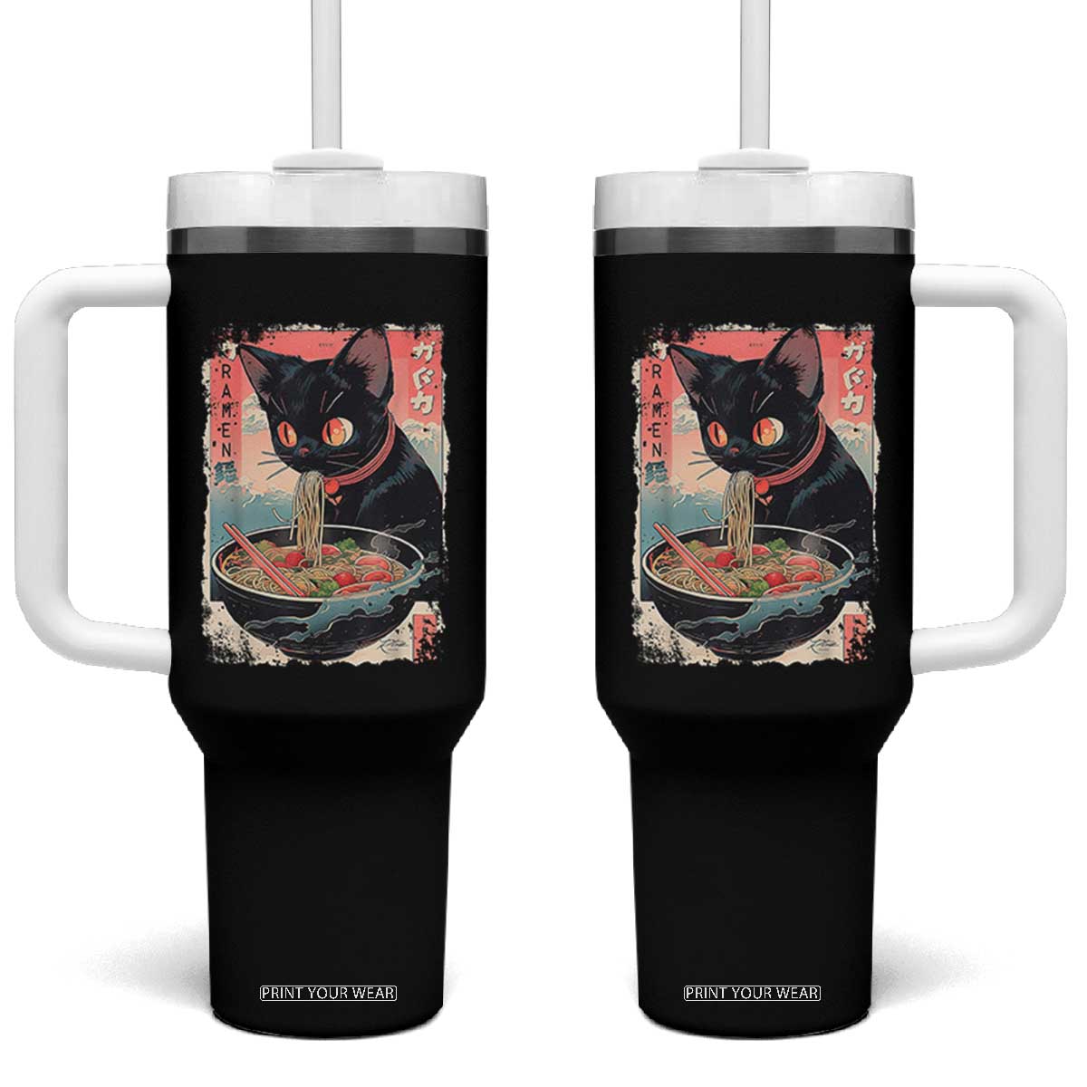 Japanese Inspo Ramen Cat Graphic Tumbler With Handle Anime Manga Kawaii Otaku Urban Streetwear TS02 One Size: 40 oz Black Print Your Wear