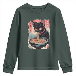 Japanese Inspo Ramen Cat Graphic Youth Sweatshirt Anime Manga Kawaii Otaku Urban Streetwear TS02 Dark Forest Green Print Your Wear