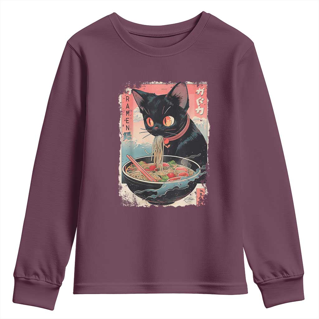 Japanese Inspo Ramen Cat Graphic Youth Sweatshirt Anime Manga Kawaii Otaku Urban Streetwear TS02 Maroon Print Your Wear