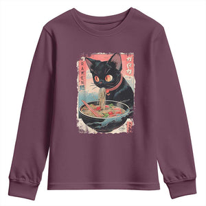 Japanese Inspo Ramen Cat Graphic Youth Sweatshirt Anime Manga Kawaii Otaku Urban Streetwear TS02 Maroon Print Your Wear