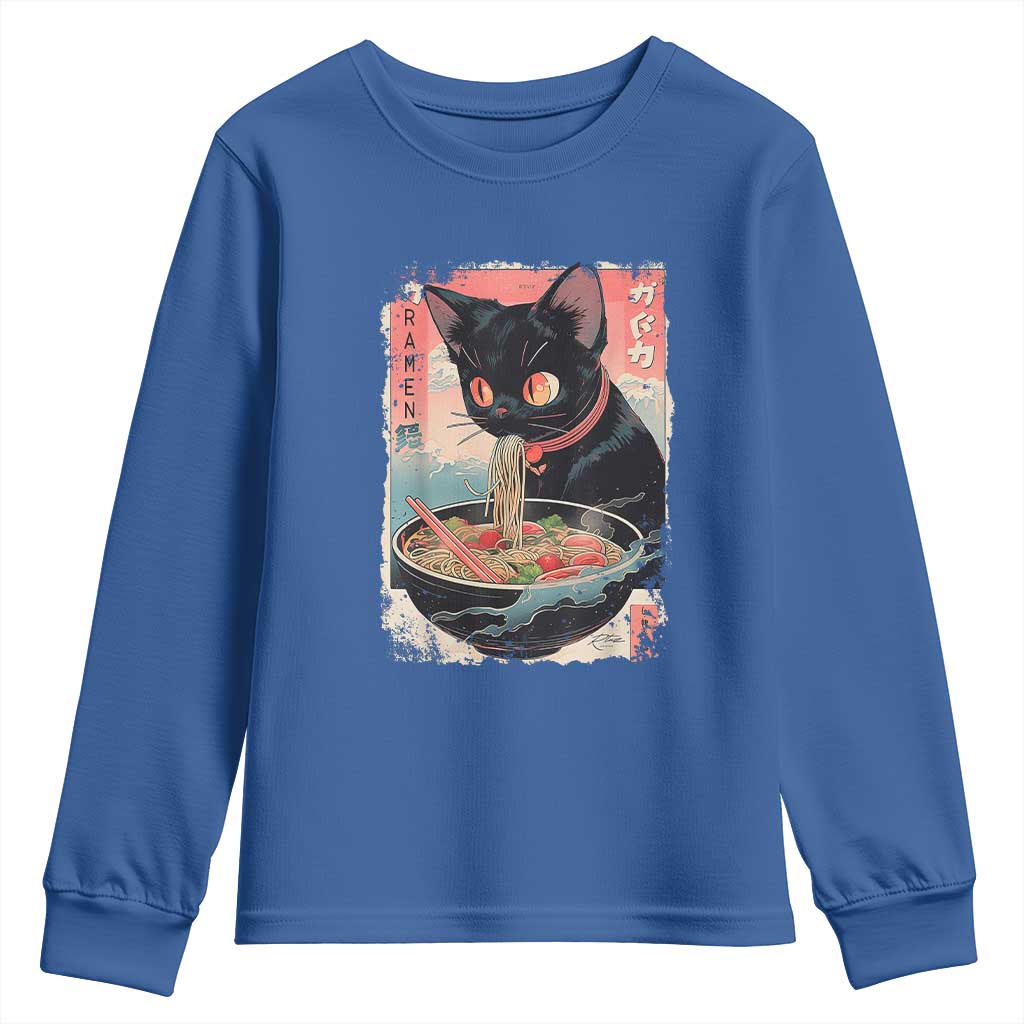 Japanese Inspo Ramen Cat Graphic Youth Sweatshirt Anime Manga Kawaii Otaku Urban Streetwear TS02 Royal Blue Print Your Wear