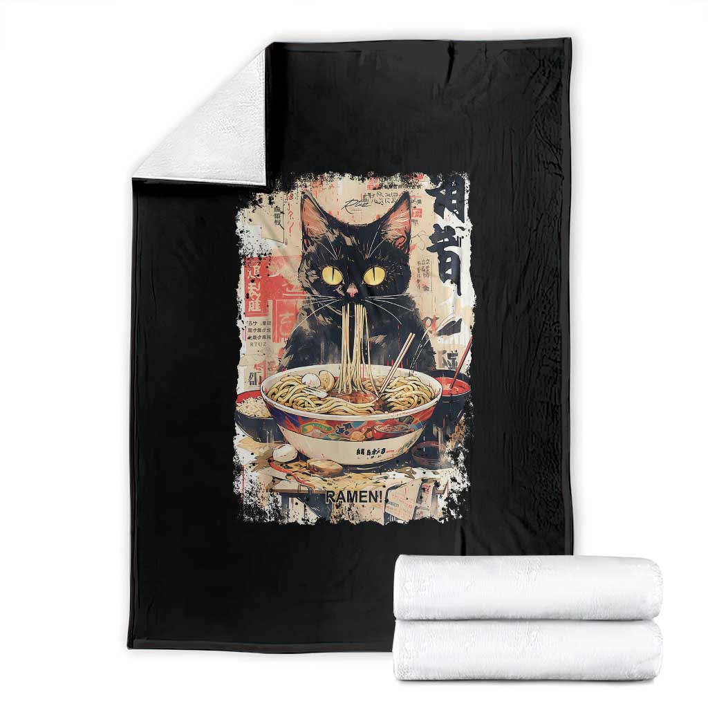 Ramen Noodles Black Cat Graphic Throw Blanket Kawaii Retro Japan Y2K Cats Manga Anime TS02 Black Print Your Wear