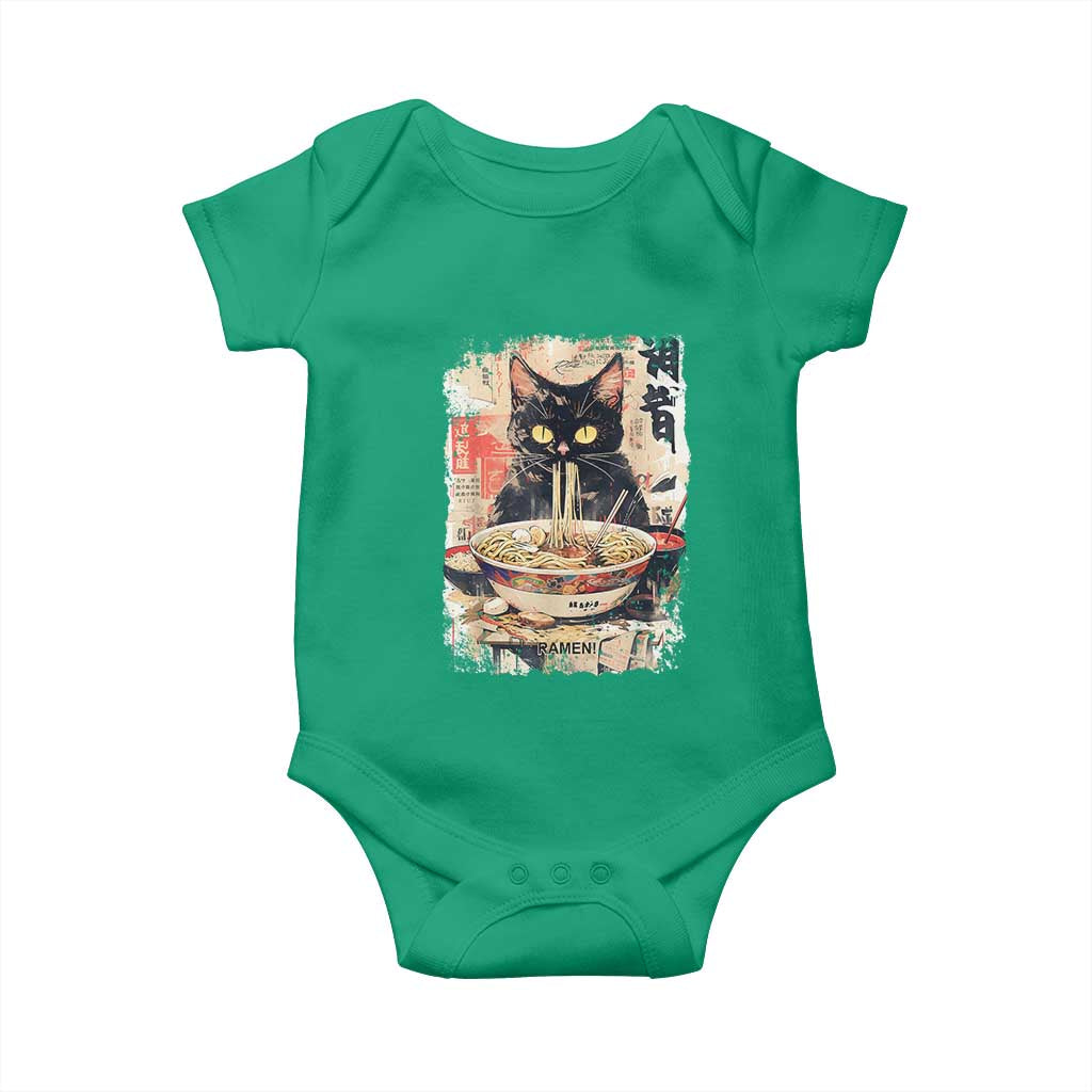 Ramen Noodles Black Cat Graphic Baby Onesie Kawaii Retro Japan Y2K Cats Manga Anime TS02 Irish Green Print Your Wear