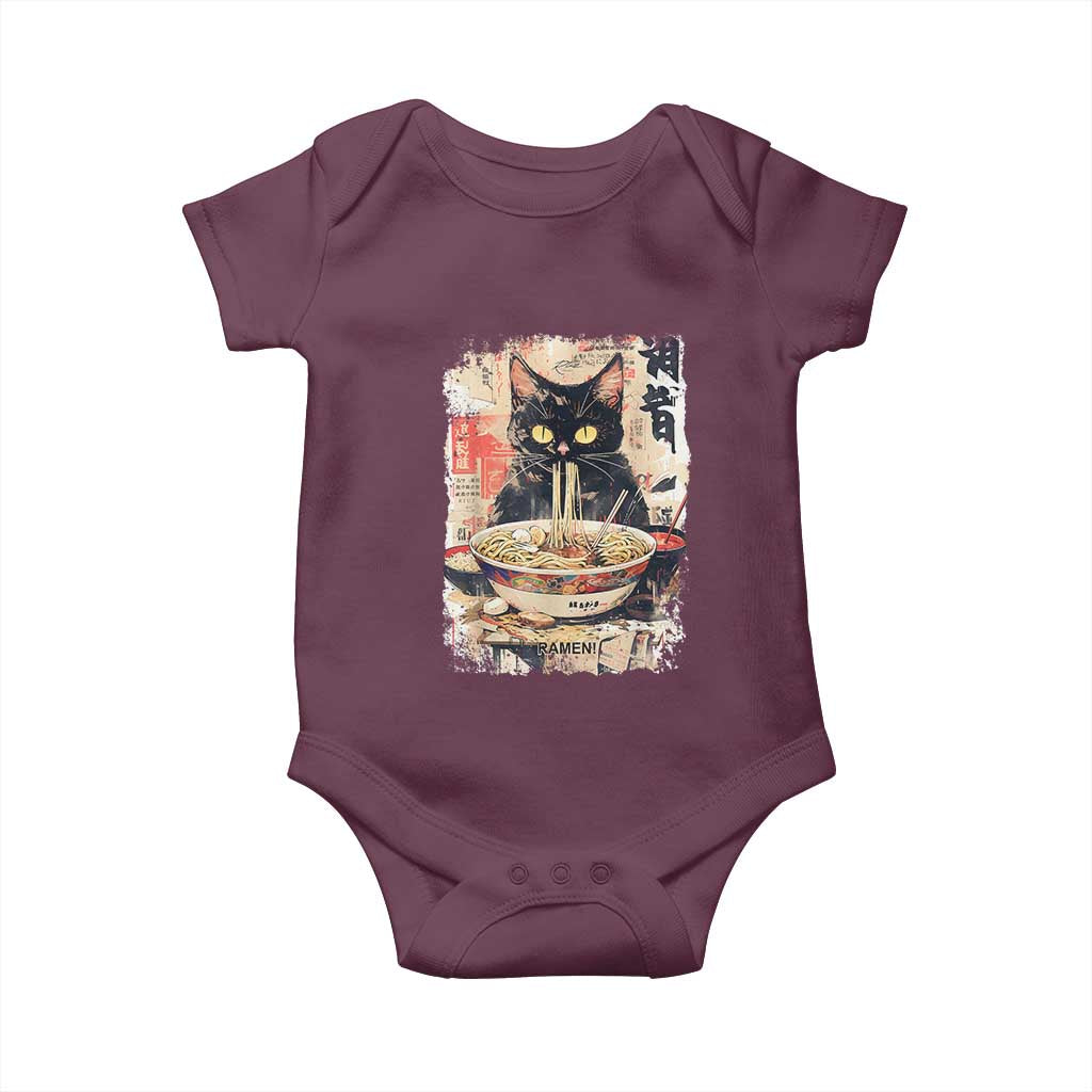 Ramen Noodles Black Cat Graphic Baby Onesie Kawaii Retro Japan Y2K Cats Manga Anime TS02 Maroon Print Your Wear