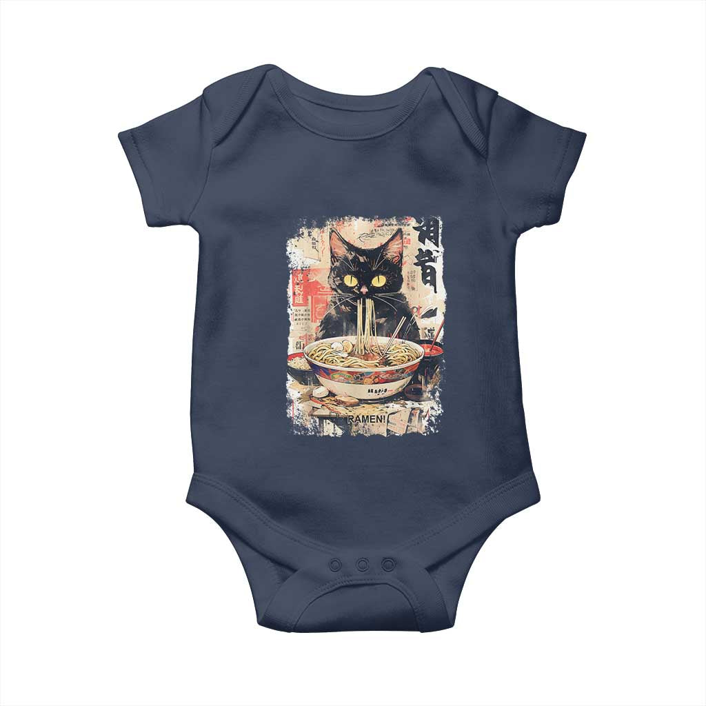 Ramen Noodles Black Cat Graphic Baby Onesie Kawaii Retro Japan Y2K Cats Manga Anime TS02 Navy Print Your Wear