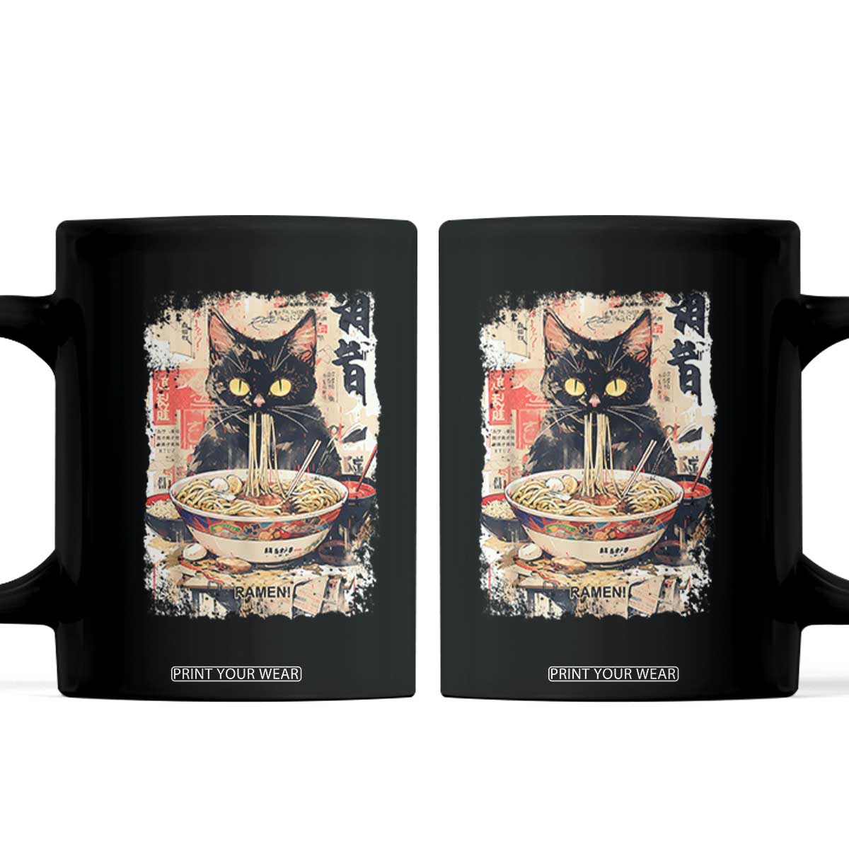 Ramen Noodles Black Cat Graphic Coffee Mug Kawaii Retro Japan Y2K Cats Manga Anime TS02 Black Print Your Wear